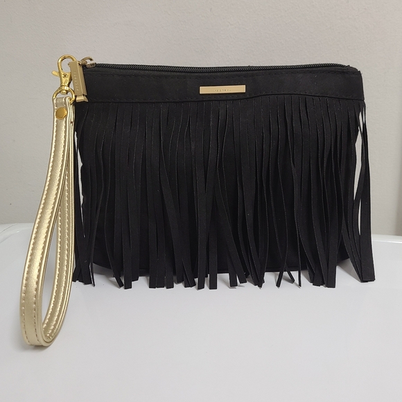 KESTREL Black Faux Suede Fringe Accessory Clutch Bag with Wristlet Strap - Picture 14 of 15